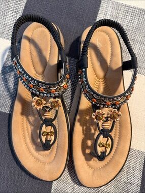 Embellished Black & Tan Floral Slingback Sandals